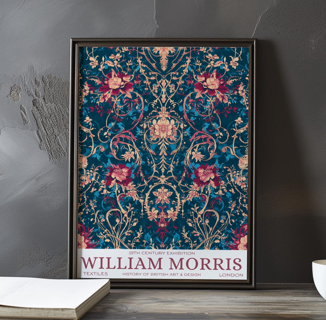 William Morris Pink Gold Scrolling Vines Teal Chintz Textile Poster