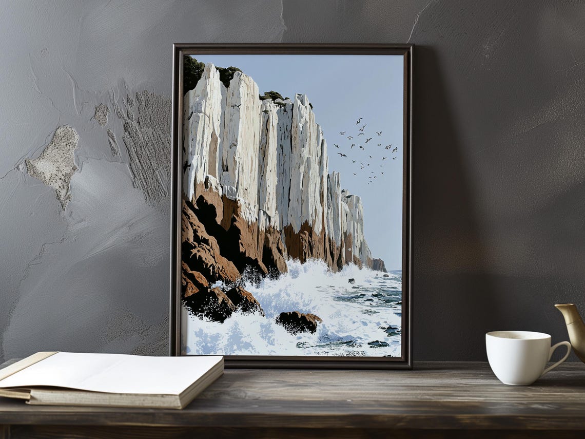 White Chalk Cliffs and Crashing Waves Impressionist Coast Poster