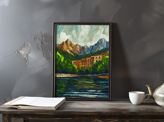 Cezanne-Inspired Lakeside Village Beneath Mountain Peaks Poster