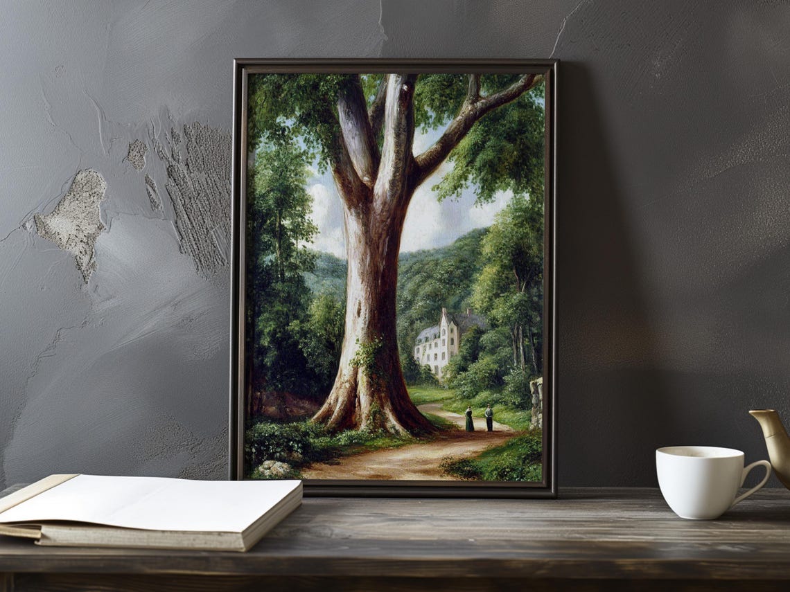 Ancient Giant Tree Trunk Beside A Country Path To A Manor Poster