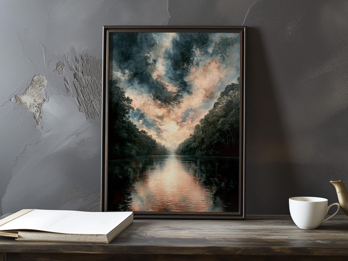 Golden Sunset Glow Over a Calm River Flanked by Dark Trees Poster