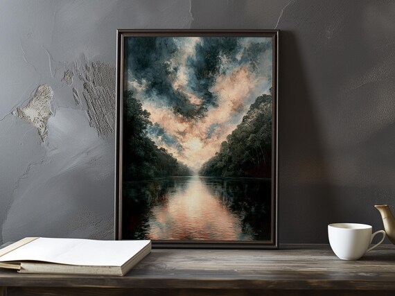 Golden Sunset Glow Over a Calm River Flanked by Dark Trees Poster