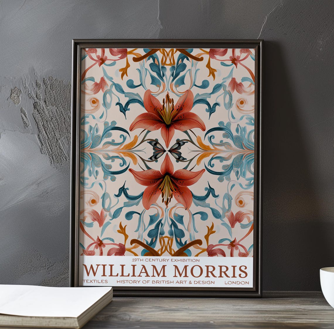 William Morris Coral Lilies Cream Scrollwork Pattern Wall Poster