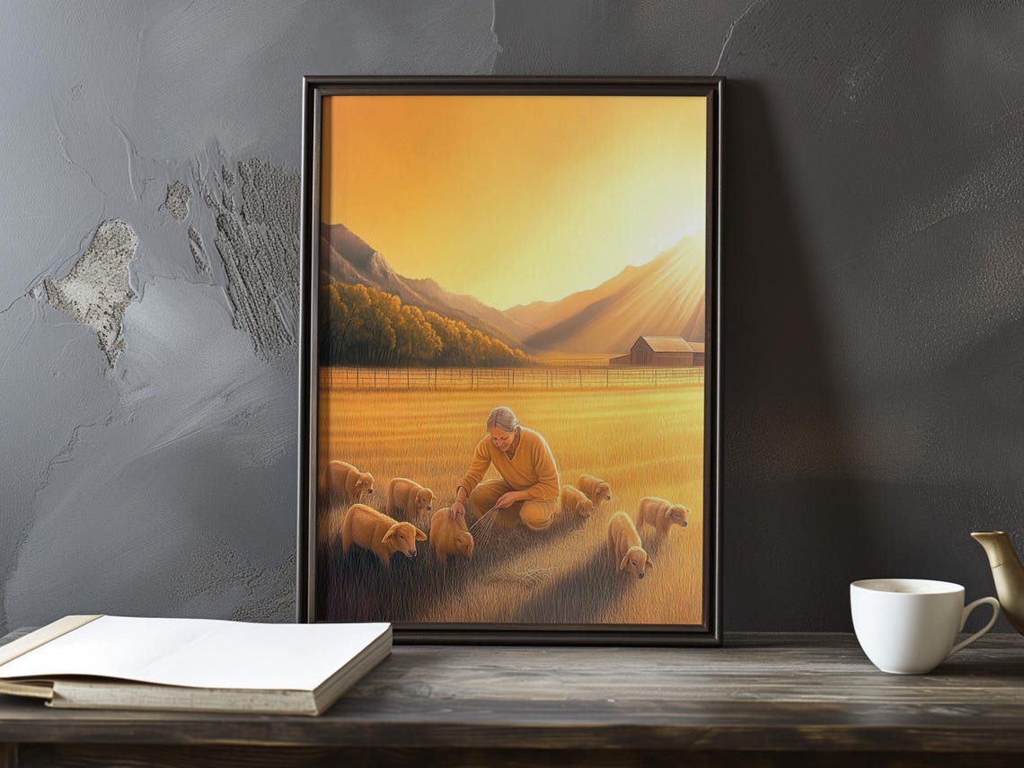 Shepherd With His Sheep in a Golden Sunrise Field Impressionist Poster