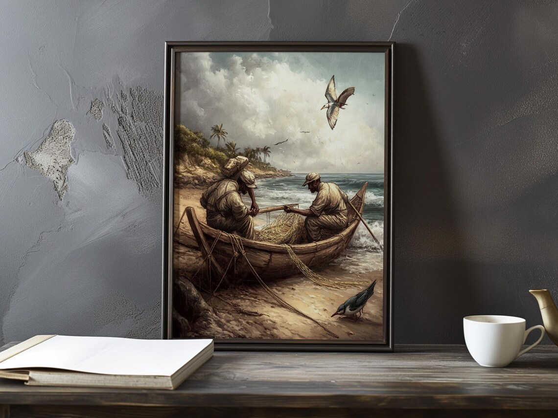 Two Fishermen Mending Nets On A Wooden Boat At The Shore Poster