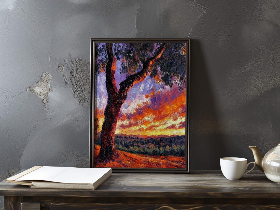 Leaning Tree Against a Fiery Sunset Impressionist Art Poster