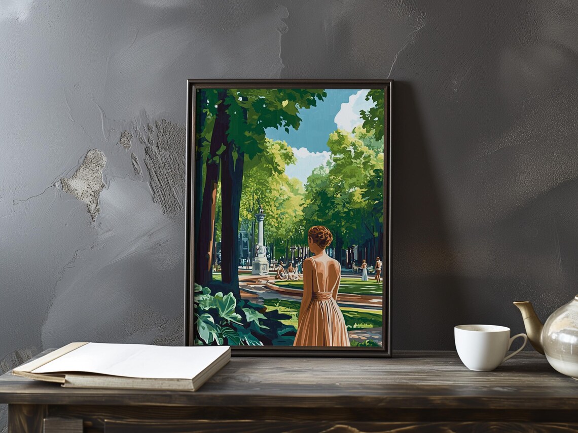 Woman in a Green City Park Travel Style Illustration Art Poster