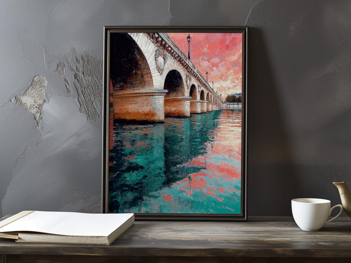 Long Multi Arch Stone Bridge Beneath a Pink Sunset Sky Poster
