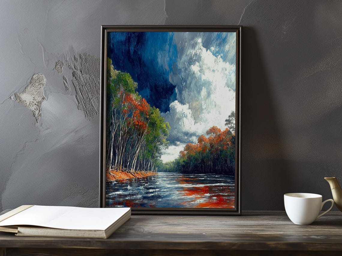 Fiery Autumn Foliage Along a River Under Deep Blue Sky Poster