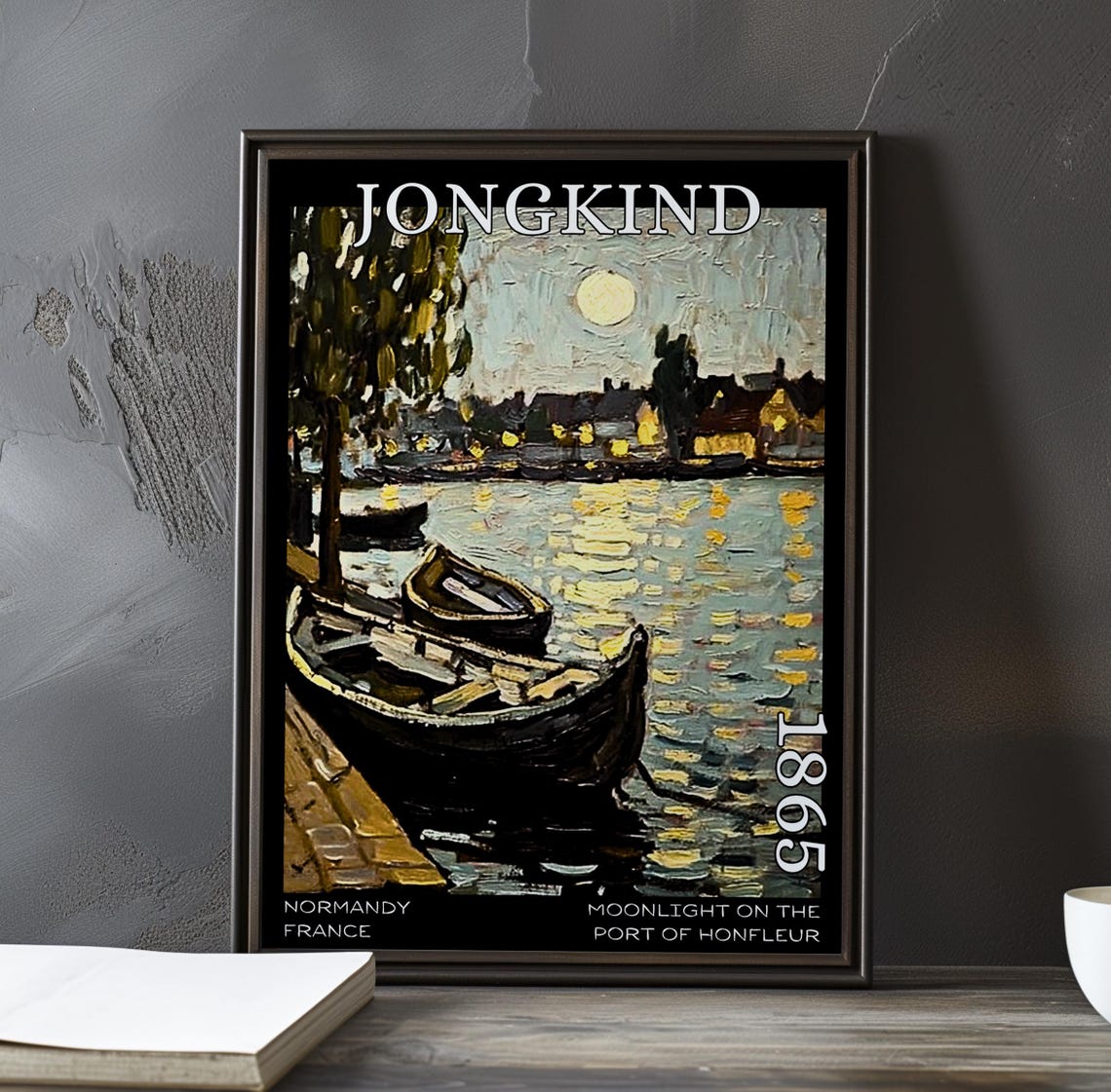 Jongkind Moonlight on Honfleur Harbor Rowboats at the Quay 1865 Poster