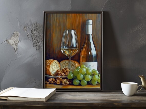 White Wine Glass And Bottle With Bread Grapes And Walnuts Poster