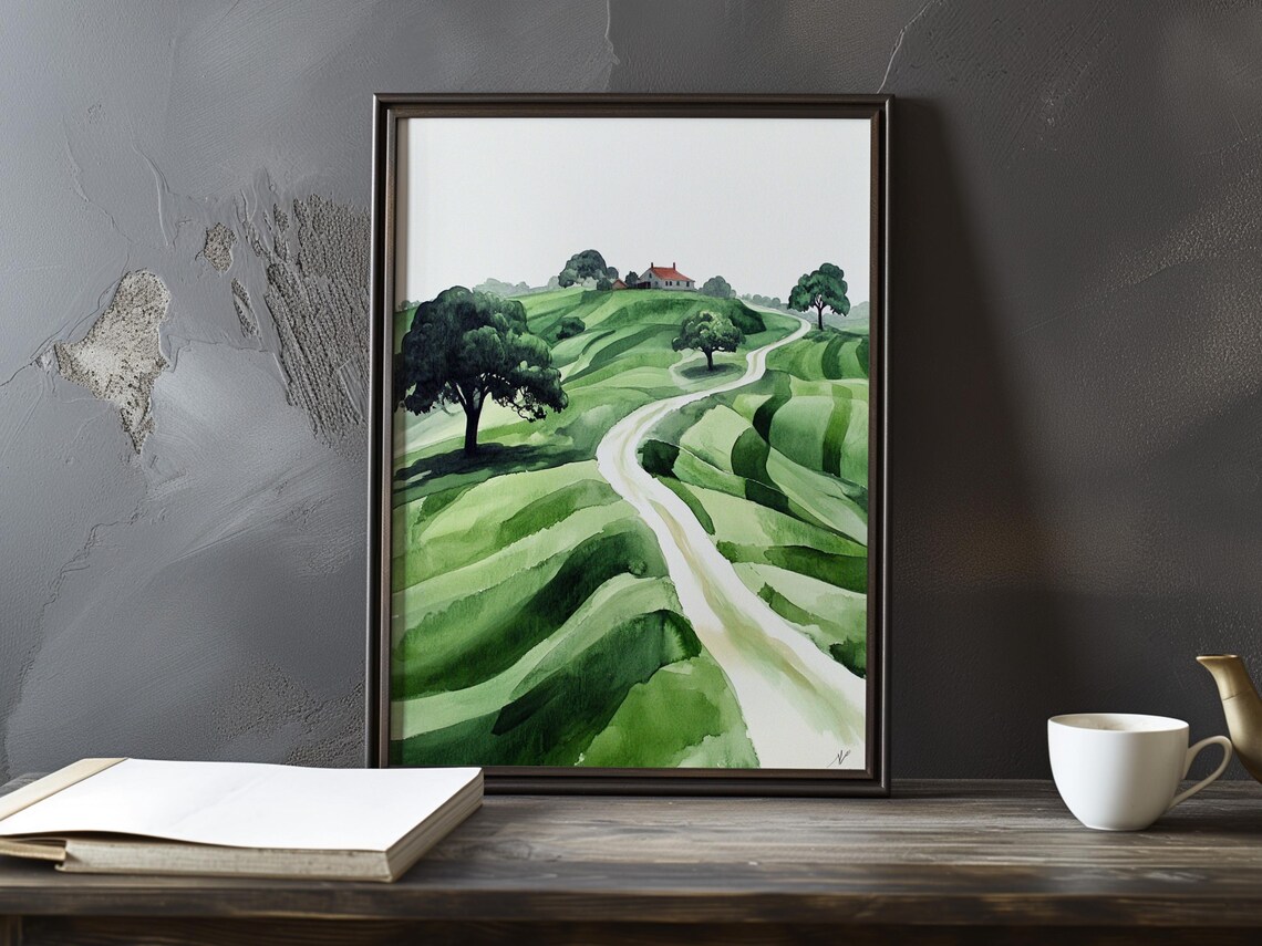 Watercolor Green Hills with Winding Path to a Farmhouse Poster