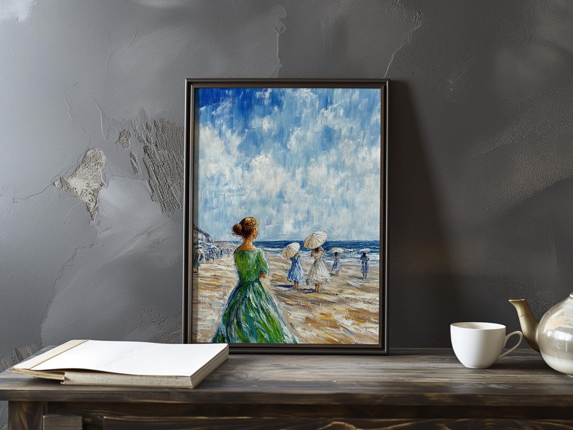 Boudin Inspired Woman in Green Gown Watching Beachgoers Poster
