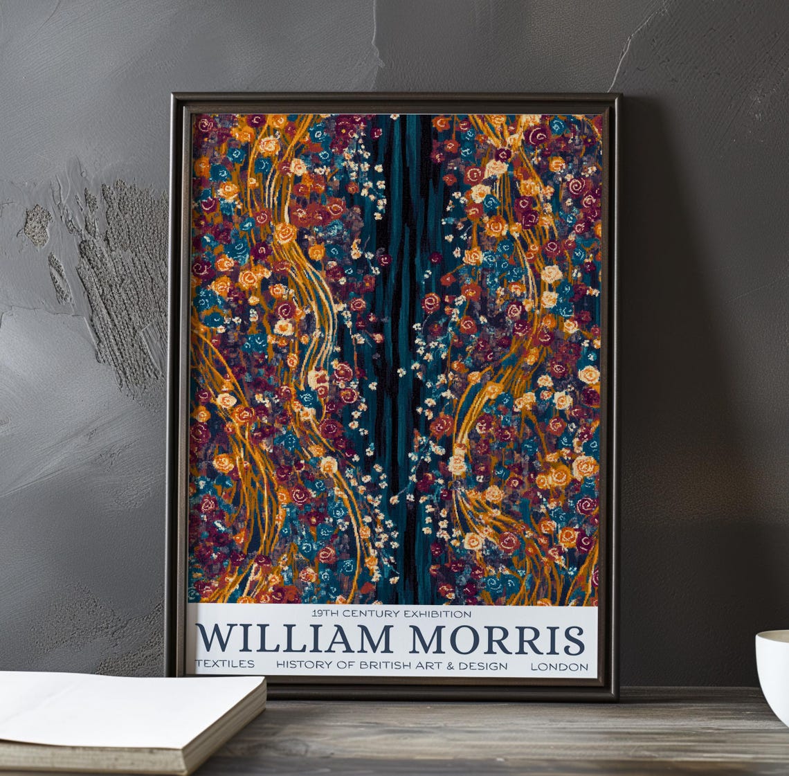 William Morris Wavy Golden Rose Vine Midnight Exhibition Poster