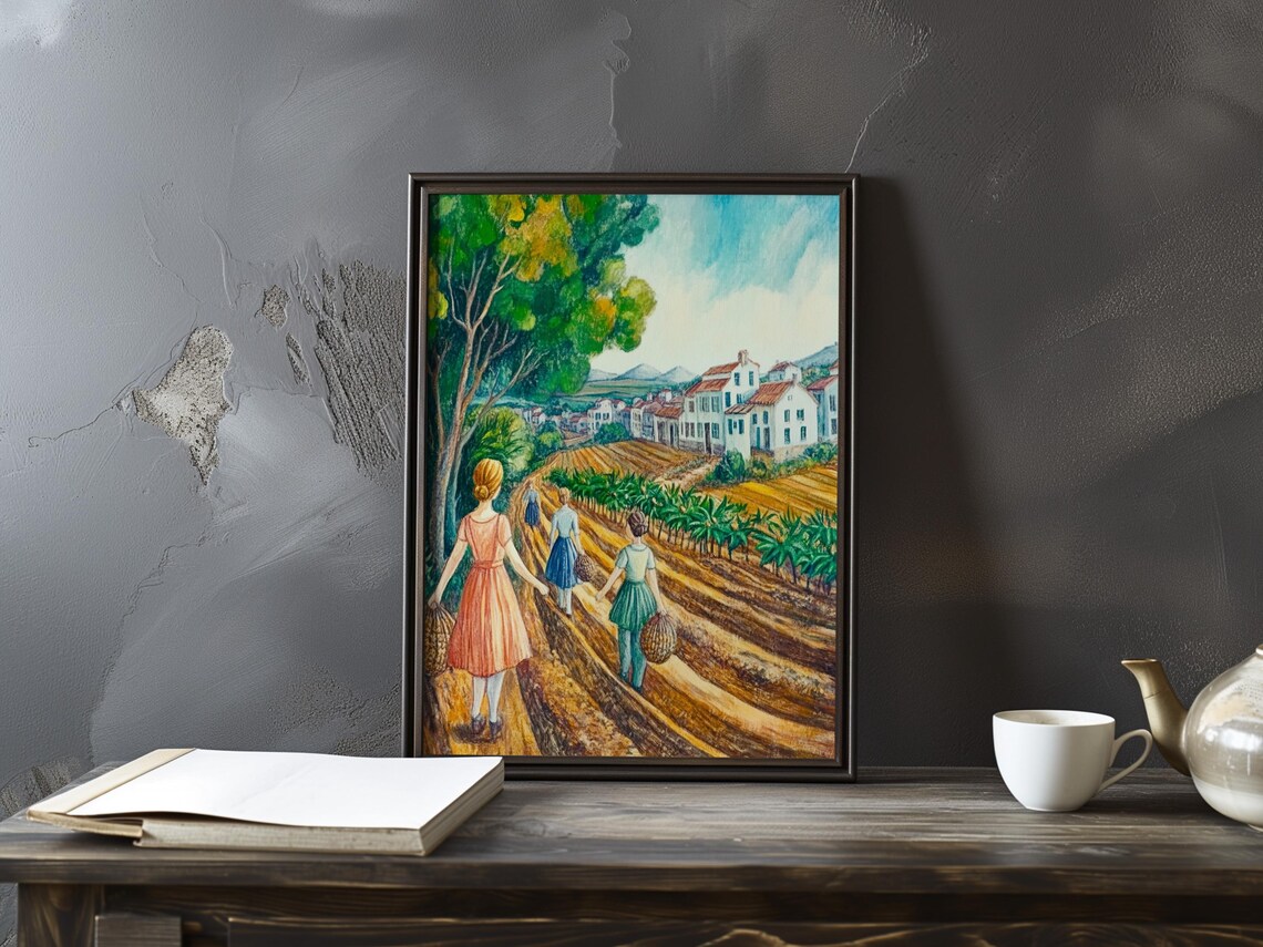 Women with Baskets Walking to a Vineyard Village Harvest Art Poster