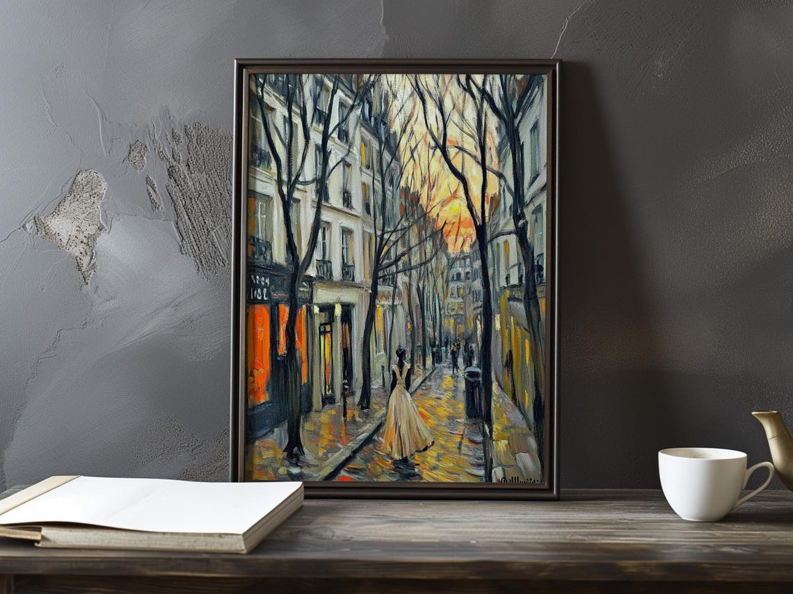 Parisian Boulevard at Dusk With Bare Trees and Warm Shop Lights Poster