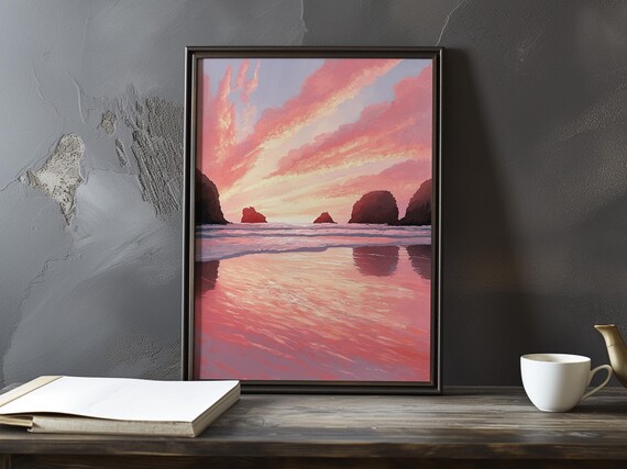 Pink Sunset Over Rocky Sea Stacks and Wet Sand Impressionist Poster