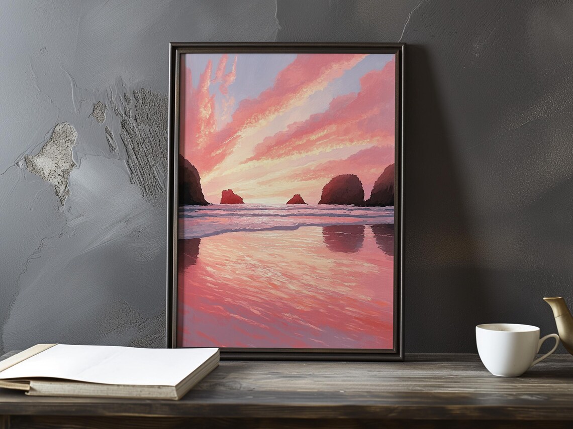 Pink Sunset Over Rocky Sea Stacks and Wet Sand Impressionist Poster