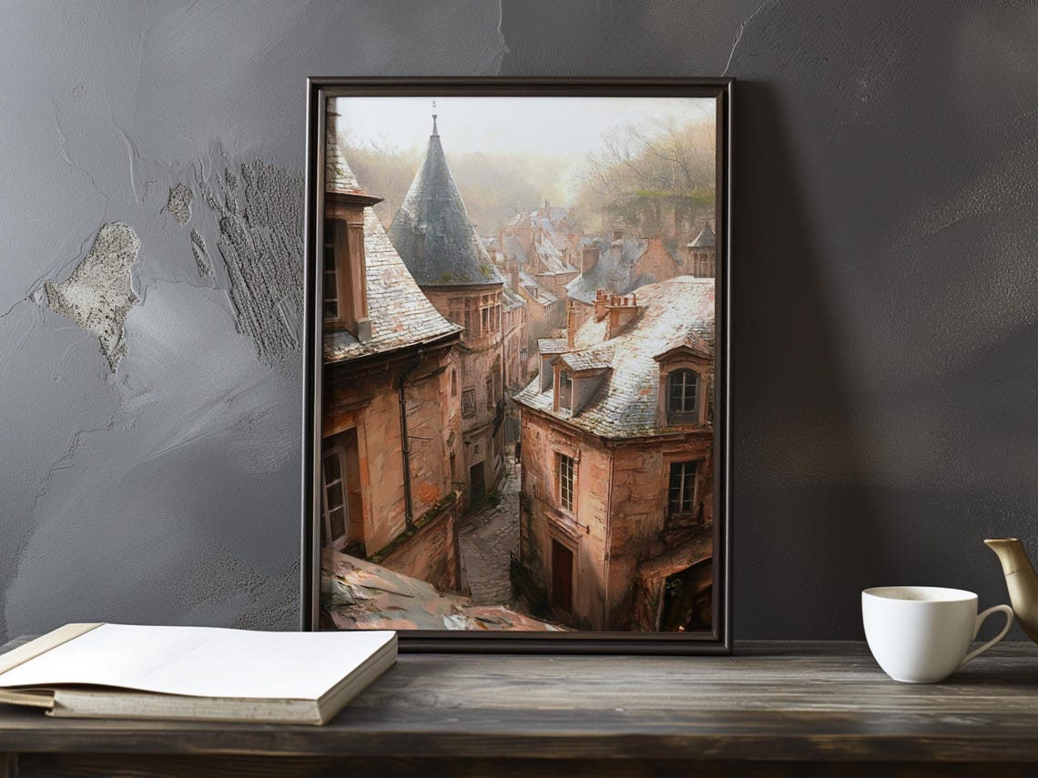 Old Village Rooftops Glowing Softly In Early Morning Light Poster