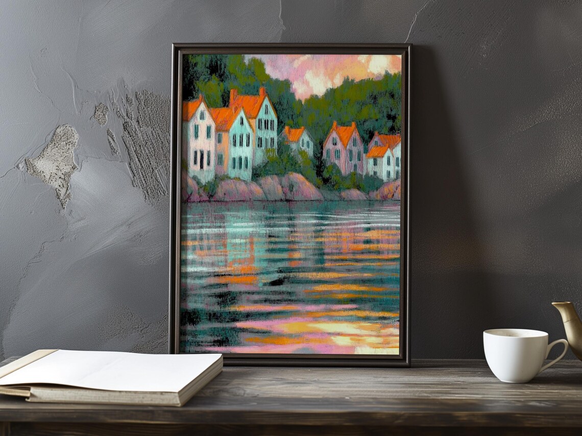 Colorful Coastal Houses With Red Roofs Reflecting In Water Poster