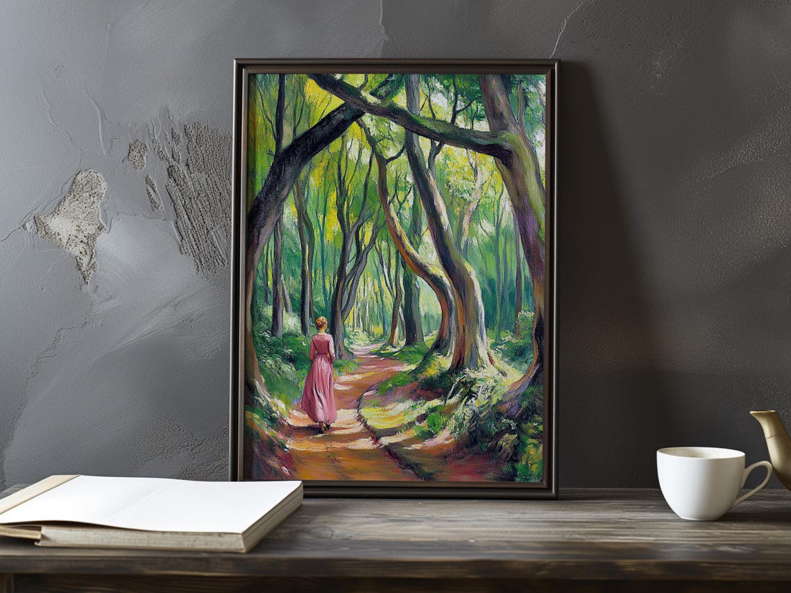 Woman in Pink Dress on a Forest Path Beneath Arching Trees Poster