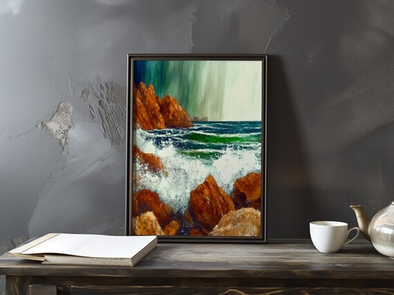 White Foam Exploding Over Rusty Red Rocks Impressionist Seascape Poster