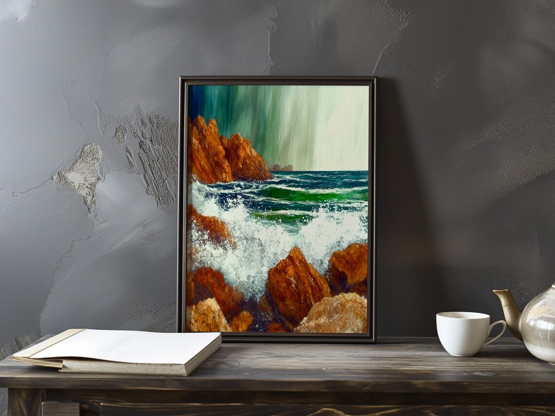 White Foam Exploding Over Rusty Red Rocks Impressionist Seascape Poster