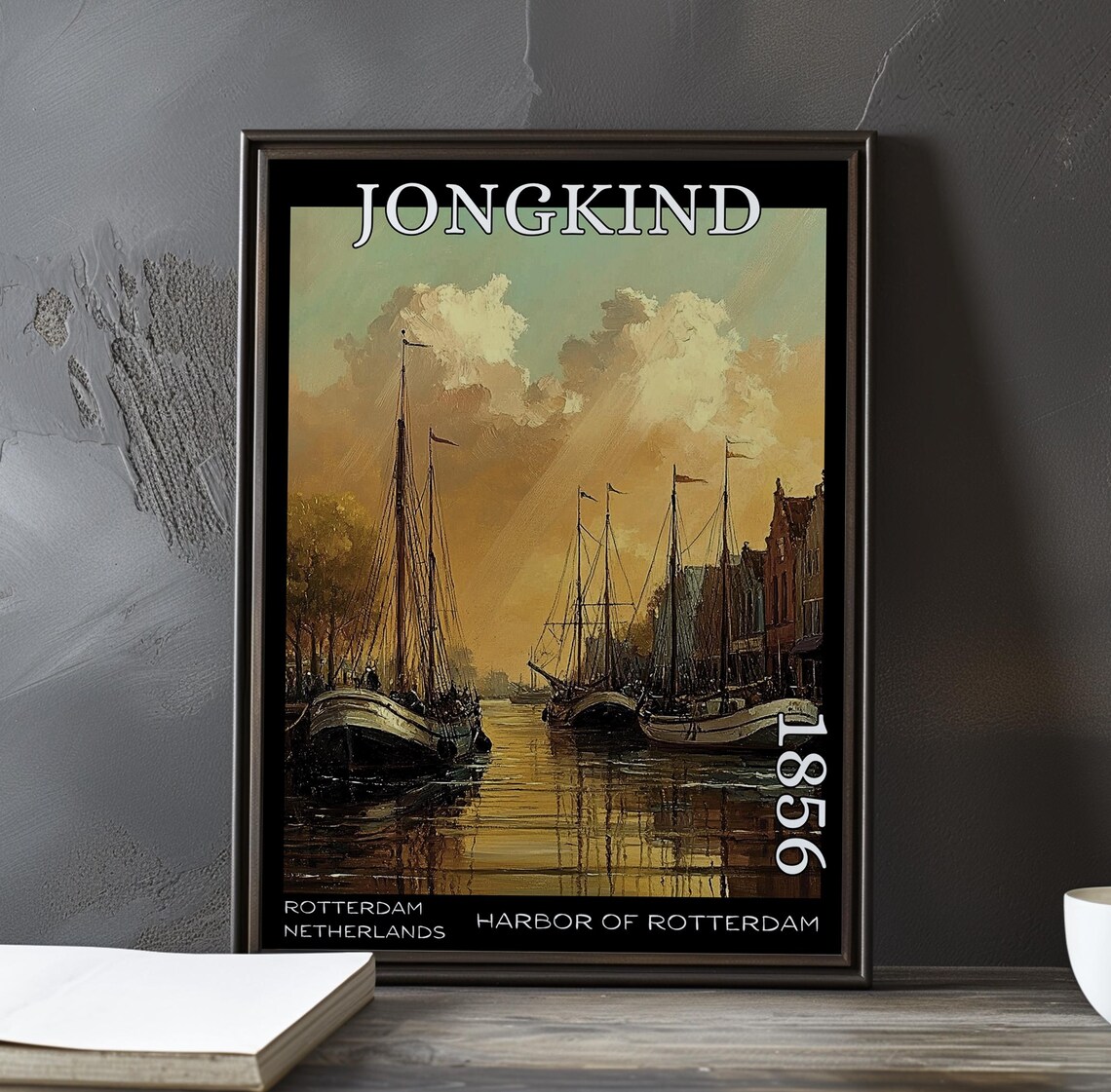 Jongkind Harbor of Rotterdam Moored Barges Under Amber Sky Poster