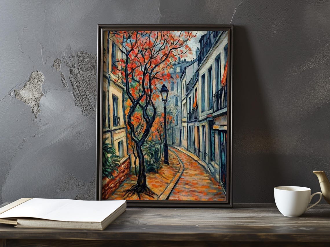 Fiery Orange Autumn Tree Beside a Lamppost on a Parisian Lane Poster
