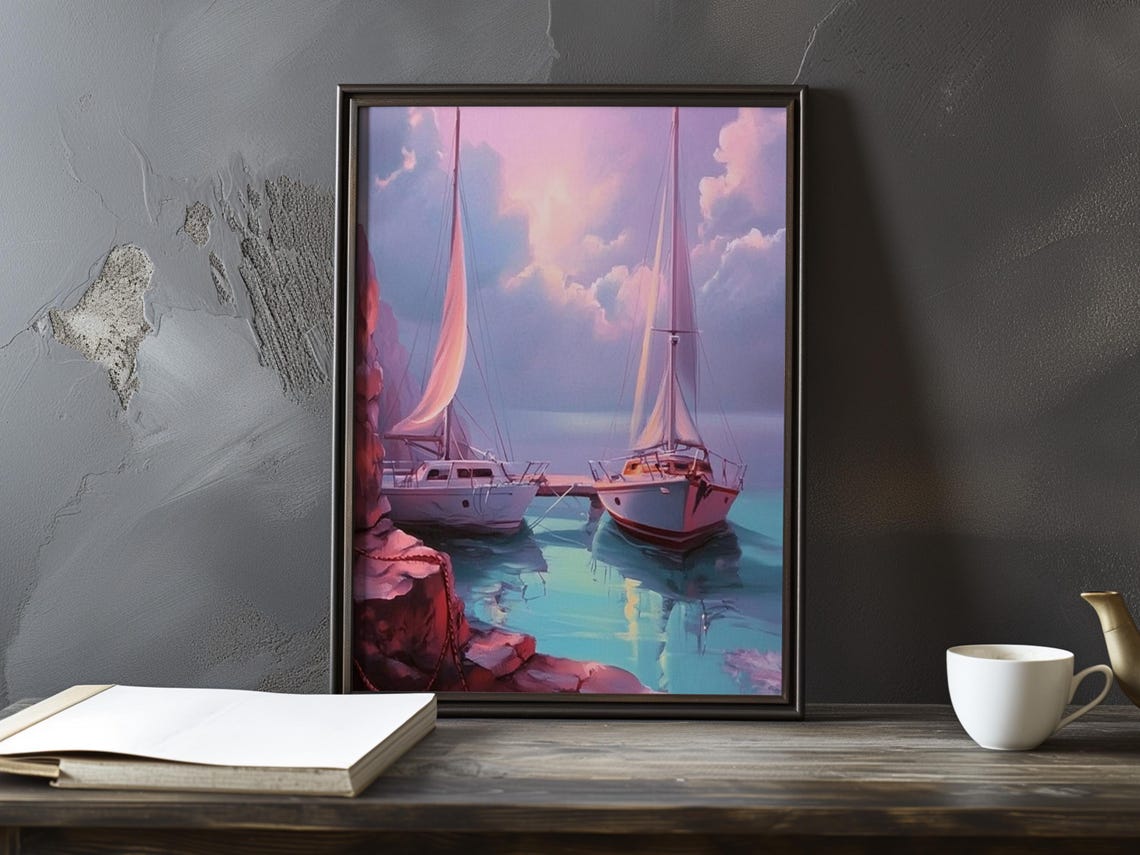 Two Sailboats Moored by Red Rocks Under a Pink Dusk Sky Poster