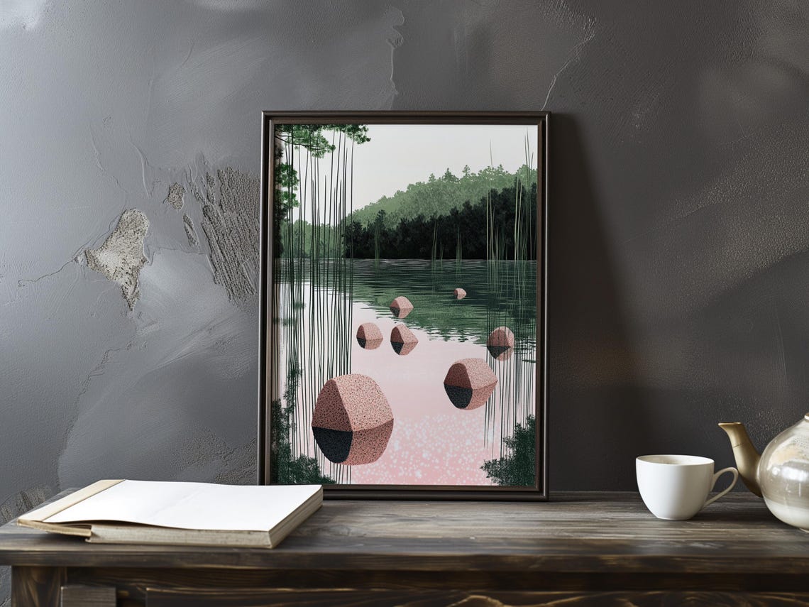 Floating Pink Stones Above a Misty Green Lake Surreal Art Poster