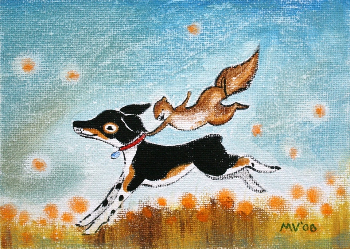 Dog Running With Squirrel Rider Through Golden Field Art Poster