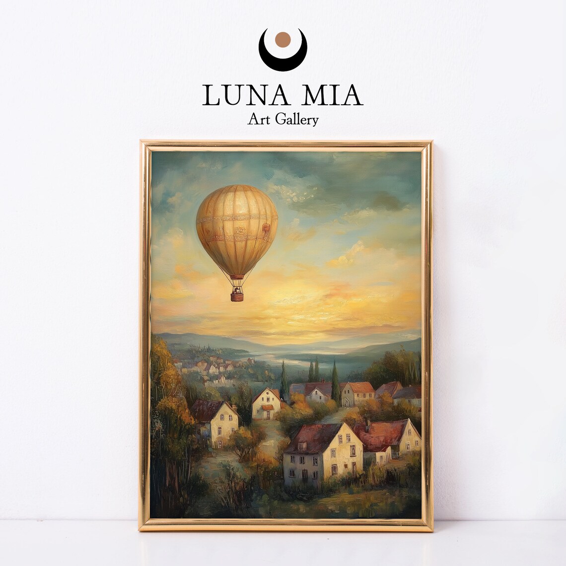 Vintage Hot Air Balloon Drifting Over Village at Sunset Poster