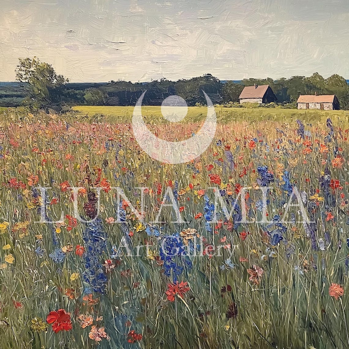 Impressionist Wildflower Meadow With Distant Barns And Soft Sky Poster - Image 5