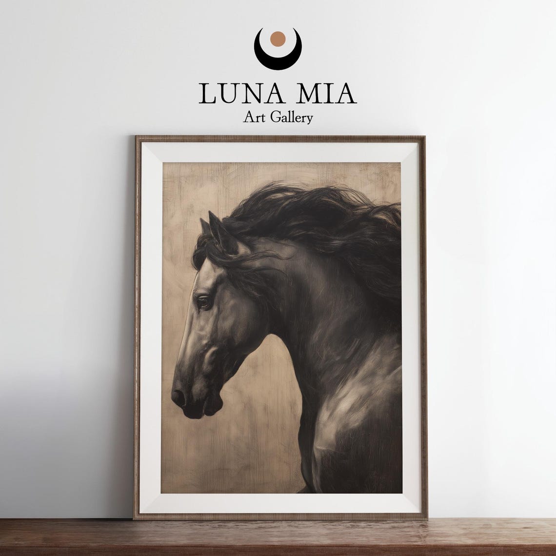Black Horse Flowing Mane Dramatic Equine Portrait Art Poster