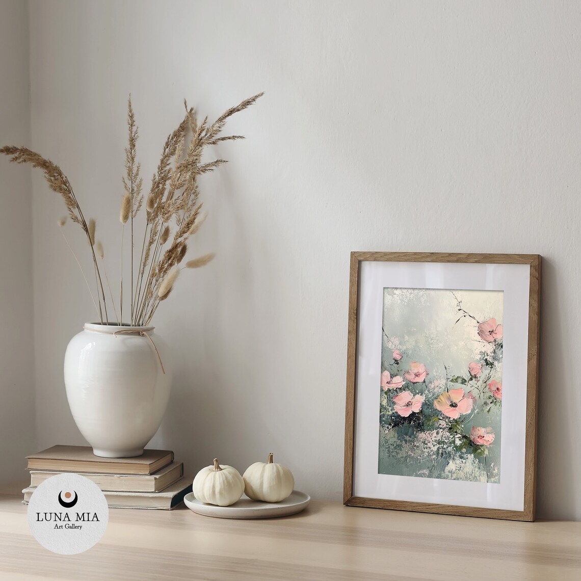 Pink Blossom Branches Sage Green Textured Oil Painting Art Poster - Image 5