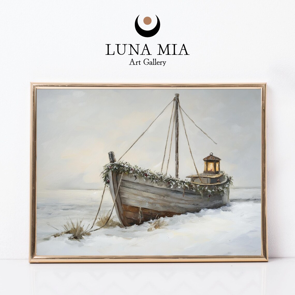 Majestic Ship In Frozen Sea Christmas Atmosphere Oil Painting Winter Themed Wall Art Snow Landscape Vintage Inspired