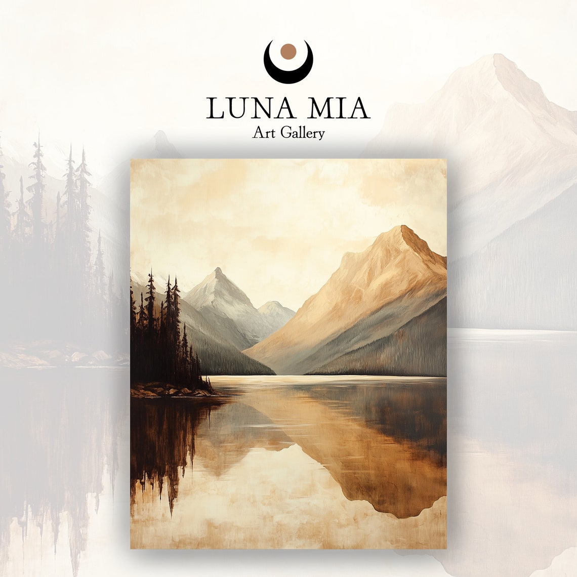 Stunning Sepia Mountain Lake Mirror Reflection Landscape Poster - Image 2