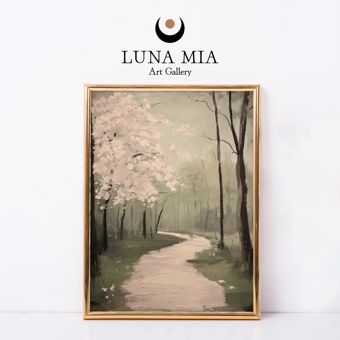 Forest Path With Pink Blossoming Trees In Soft Green Gray Hues Poster