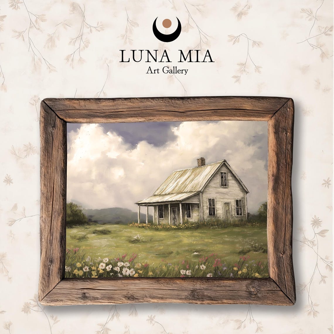 Rustic White Farmhouse In A Wildflower Meadow Under Cloudy Sky Poster