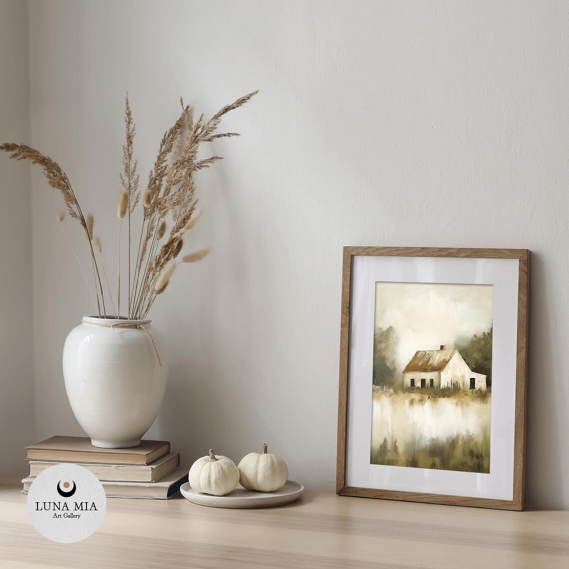 Old White Country Cottage In Misty Green Field Oil Painting Poster - Image 4