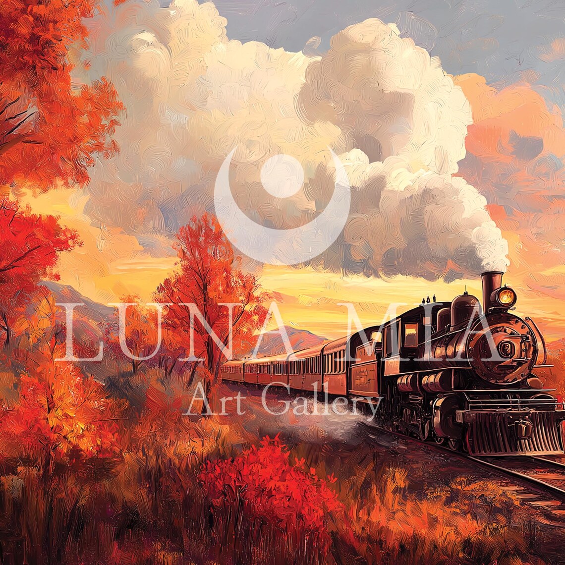 Steam Locomotive Crossing A Fiery Autumn Forest At Sunset Scenic Poster - Image 5