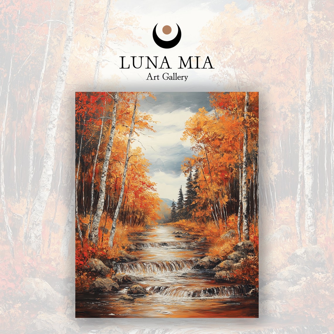 Autumn Forest Stream Waterfalls Orange Birch Oil Painting Poster - Image 2
