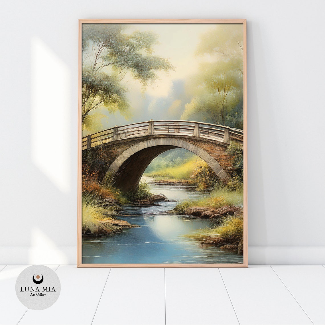 Old Arched Stone Bridge Over River in Misty Green Forest Poster - Image 2