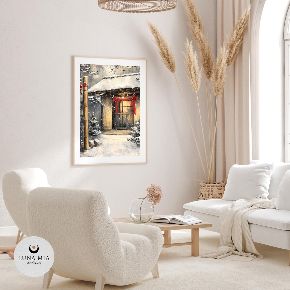 Snowy Japanese Wooden House With Red Bows Oil Painting Poster - Image 3