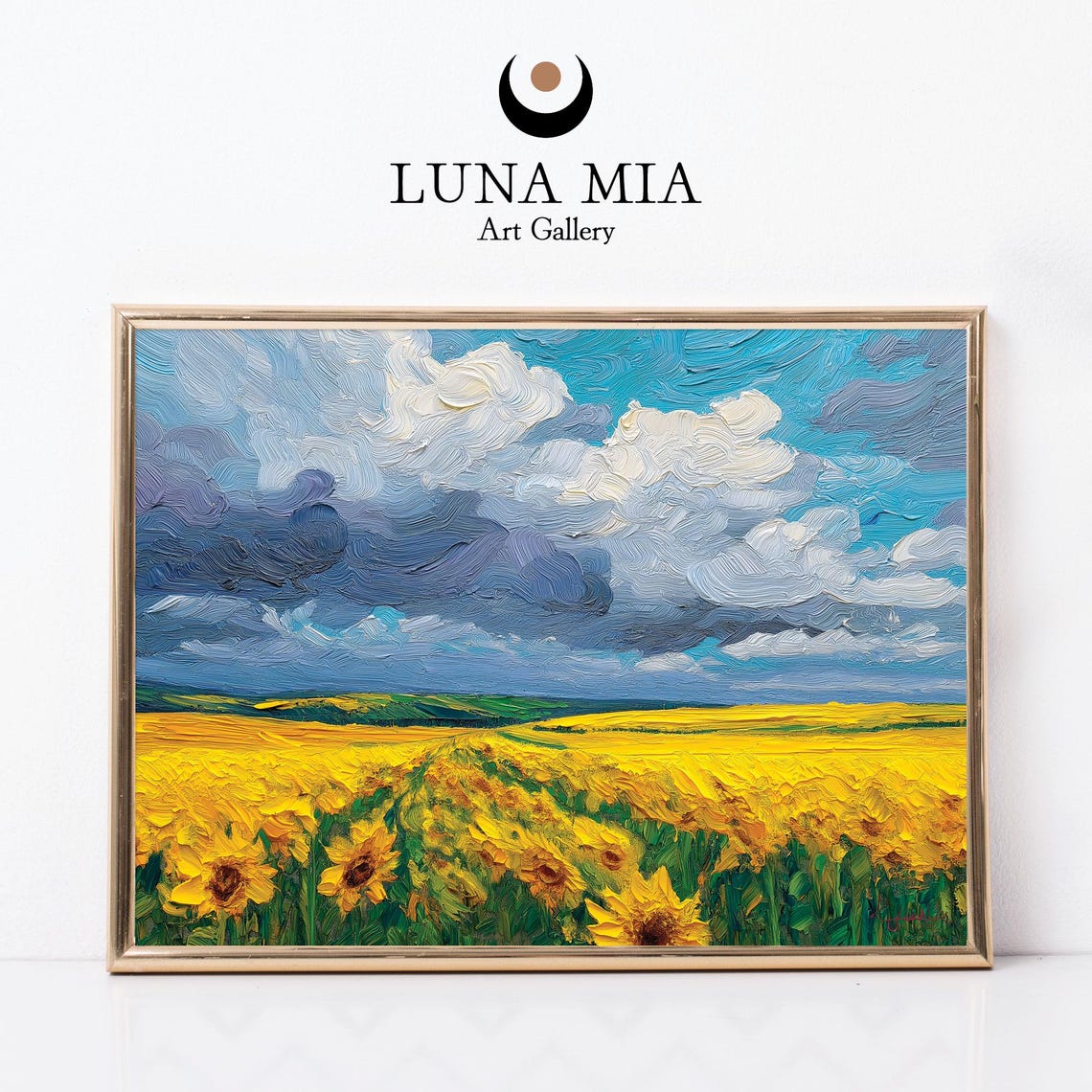 Sunflower Field Impasto Oil Painting Under Dramatic Cloudy Sky Poster