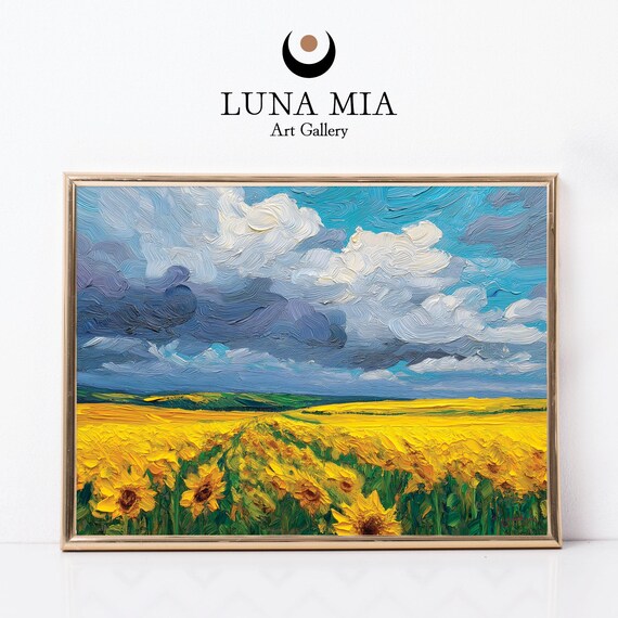 Sunflower Field Impasto Oil Painting Under Dramatic Cloudy Sky Poster