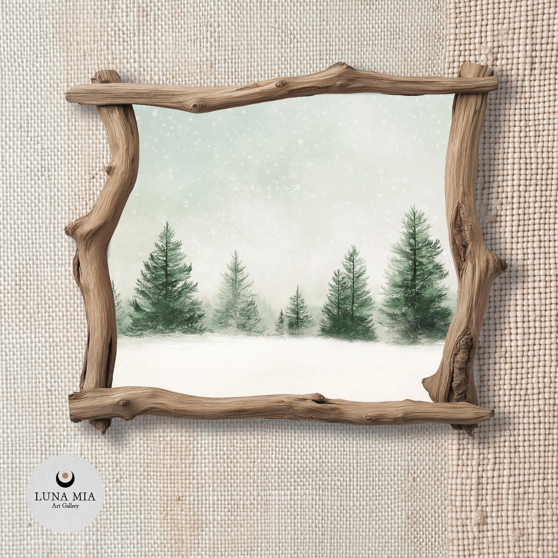 Minimalist Snowy Pine Trees Falling Snow Green Winter Art Poster - Image 2