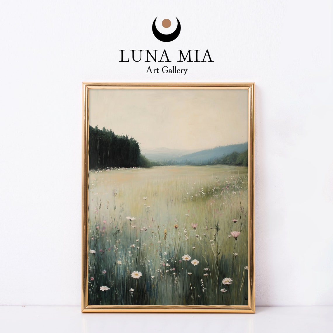 Misty Wildflower Meadow Daisies Dark Forest Oil Painting Poster