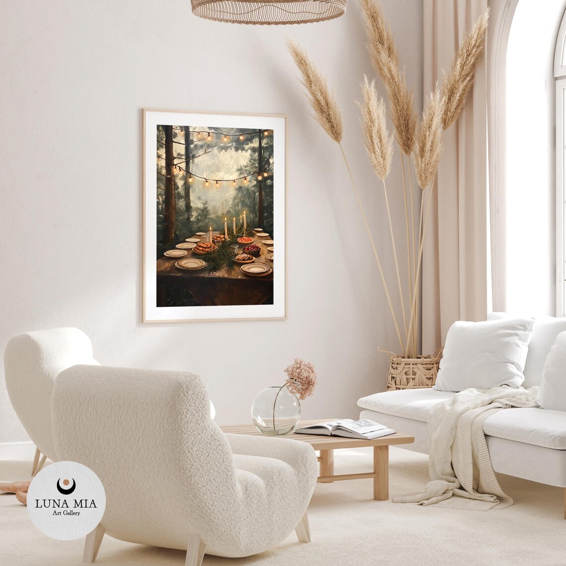 Enchanting Woodland Winter Feast Table Art Print Holiday Foods Fairy Lights Vintage Plates Rustic Oil Painting Instant - Image 3